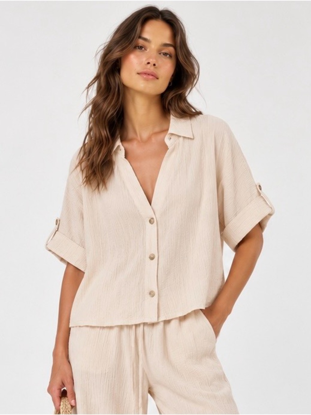 Zara NWT Flowy Textured Short Sleeve Button Down Shirt Ecru M